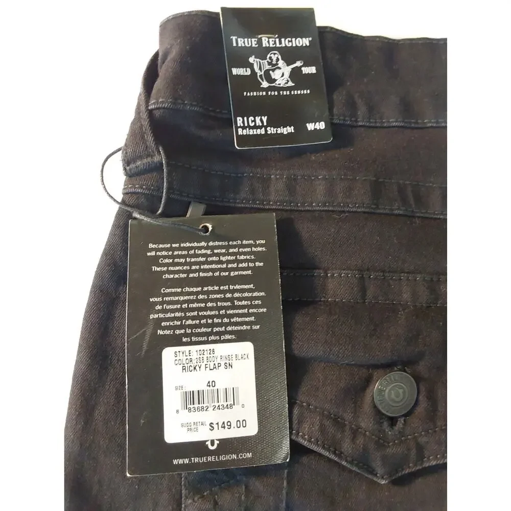 True Religion W40 Black Ricky Relaxed Straight Jeans #M162
